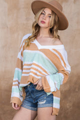 Multicolor Colorblock Stripe V Neck Split Sweater