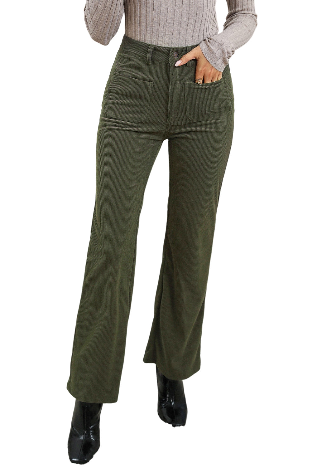 Brown High Waist Pockets Corduroy Flare Leg Pants