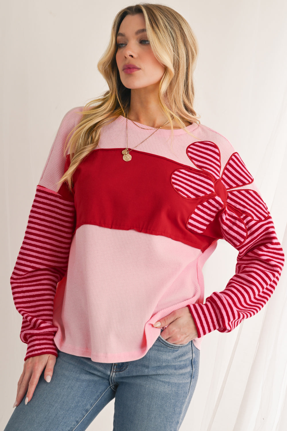 Pink Floral Colorblock Striped Sleeve Crinkle Waffle Patchwork Top