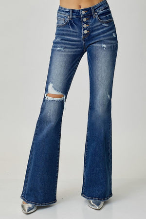 RISEN Distressed Button-Fly Flare Jeans - PD SECRET REALM