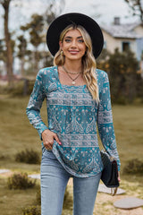 Printed Square Neck Long Sleeve Blouse - PD SECRET REALM