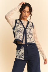 Lace Patch Open Front Denim Vest