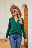 Buttoned Notched Neck Long Sleeve Top - PD SECRET REALM