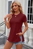 Eyelet Slit Round Neck Short Sleeve T-Shirt - PD SECRET REALM