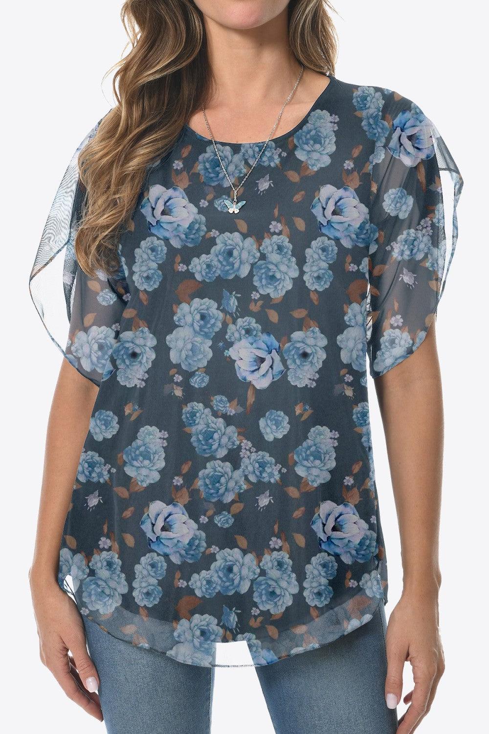 Printed Round Neck Curved Hem Blouse