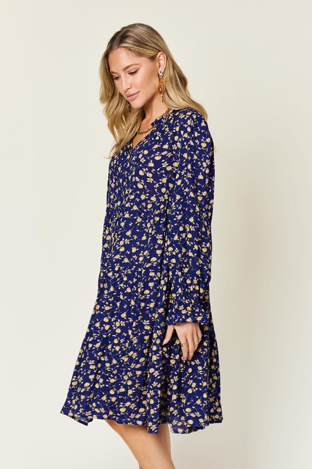 Full Size Printed Ruffle Hem Long Sleeve Tiered Dress