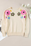 Plus Size Crochet Flower Round Neck Long Sleeve Sweater - PD SECRET REALM