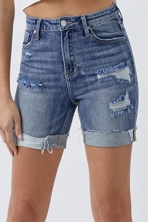 RISEN Full Size Distressed Rolled Denim Shorts with Pockets - PD SECRET REALM