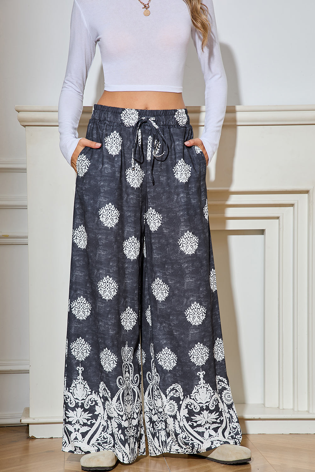 Black Bohemian Print Drawstring Waist Wide Leg Pants