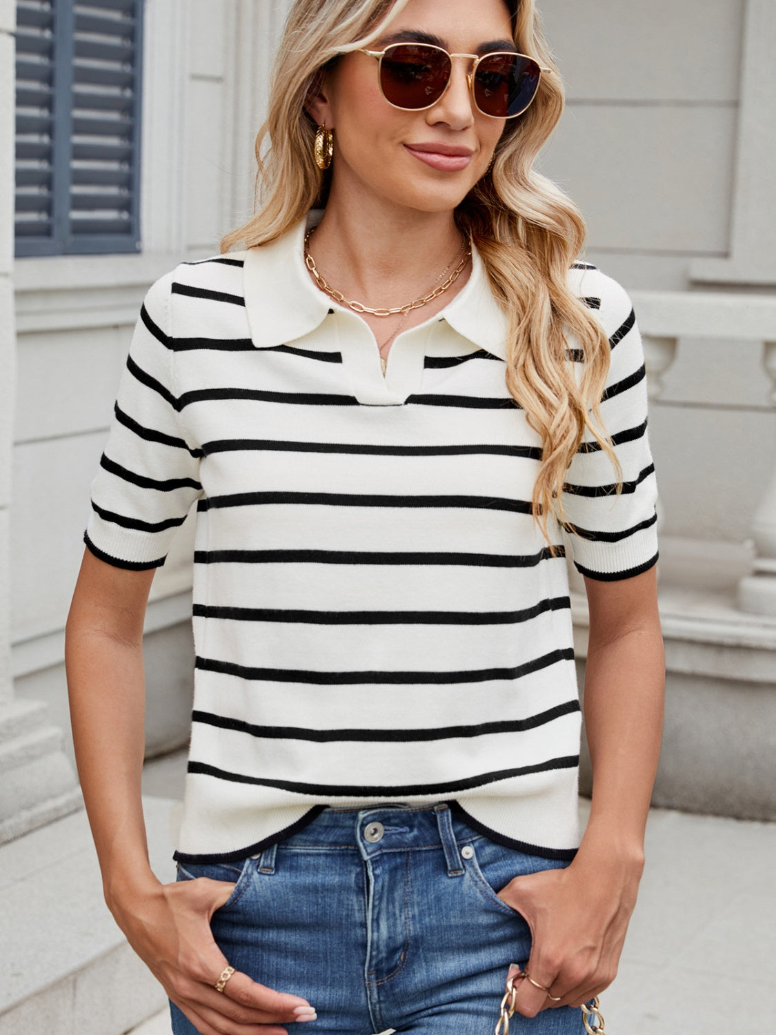 Striped Short Sleeve Sweater