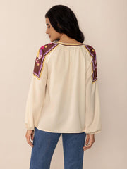 Printed Notched Long Sleeve Blouse - PD SECRET REALM