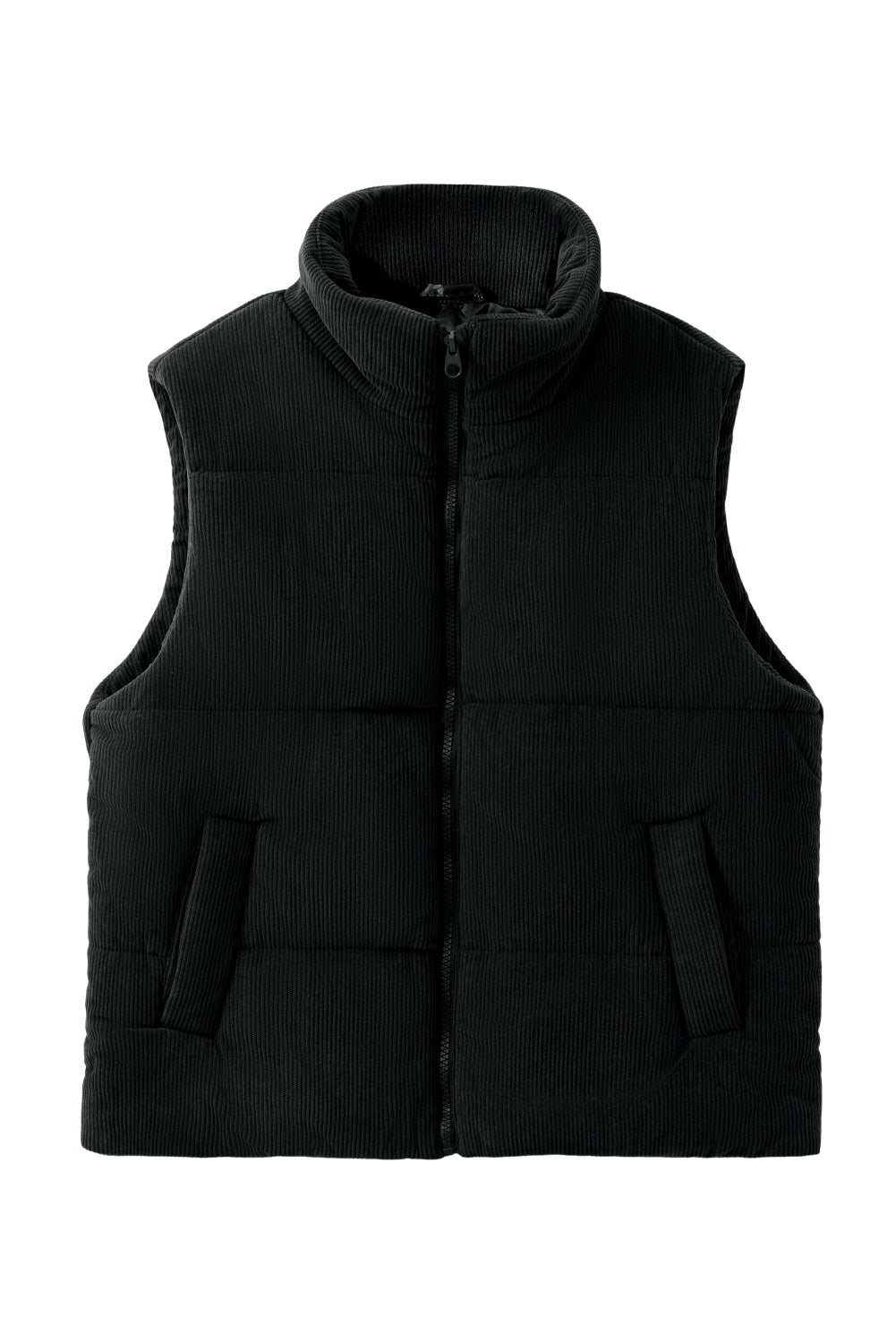 Coffee Solid Color Corduroy Puffer Vest Coat