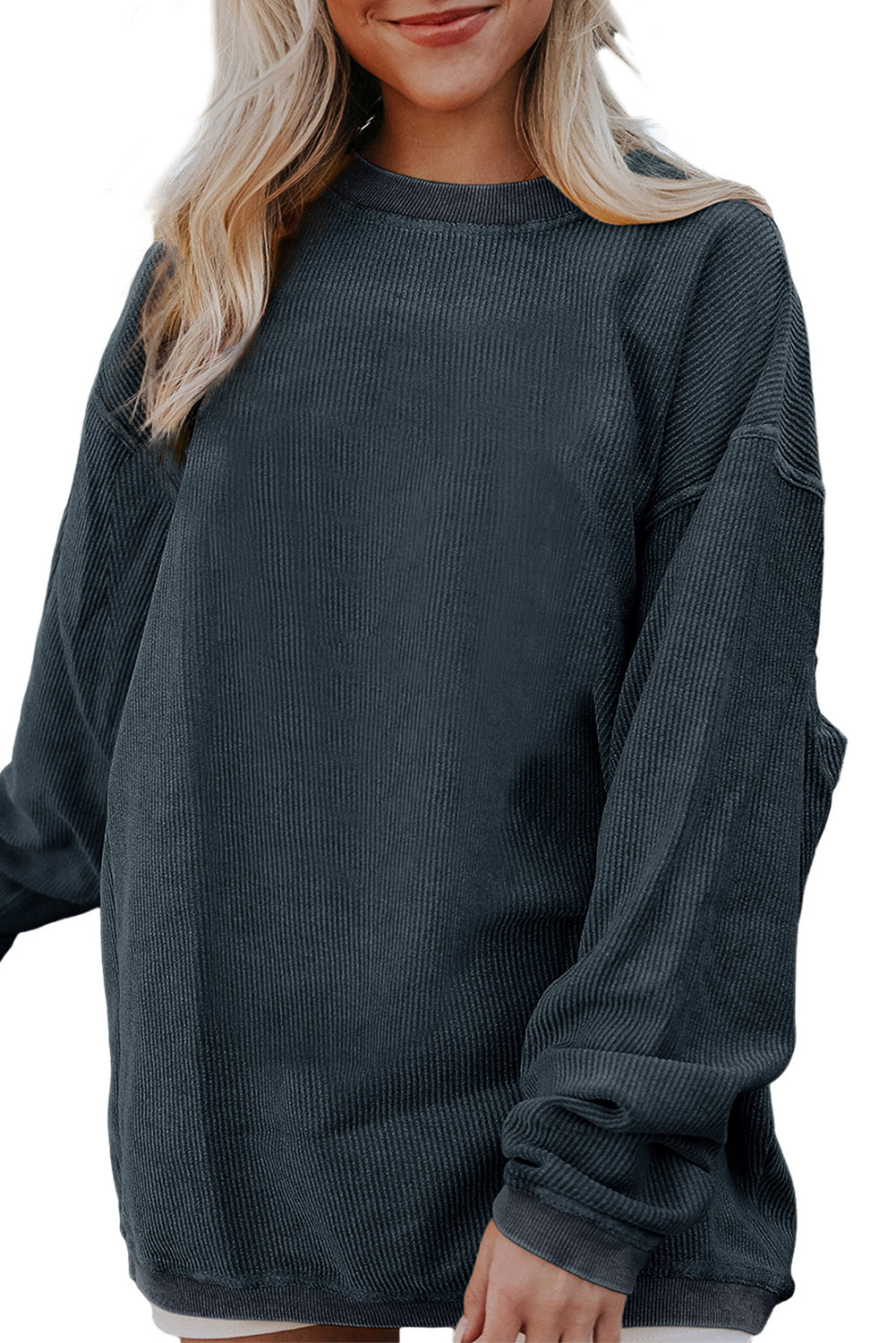 Dark Blue Plain Drop Sleeve Crinkle Rib Oversized Sweatshirt