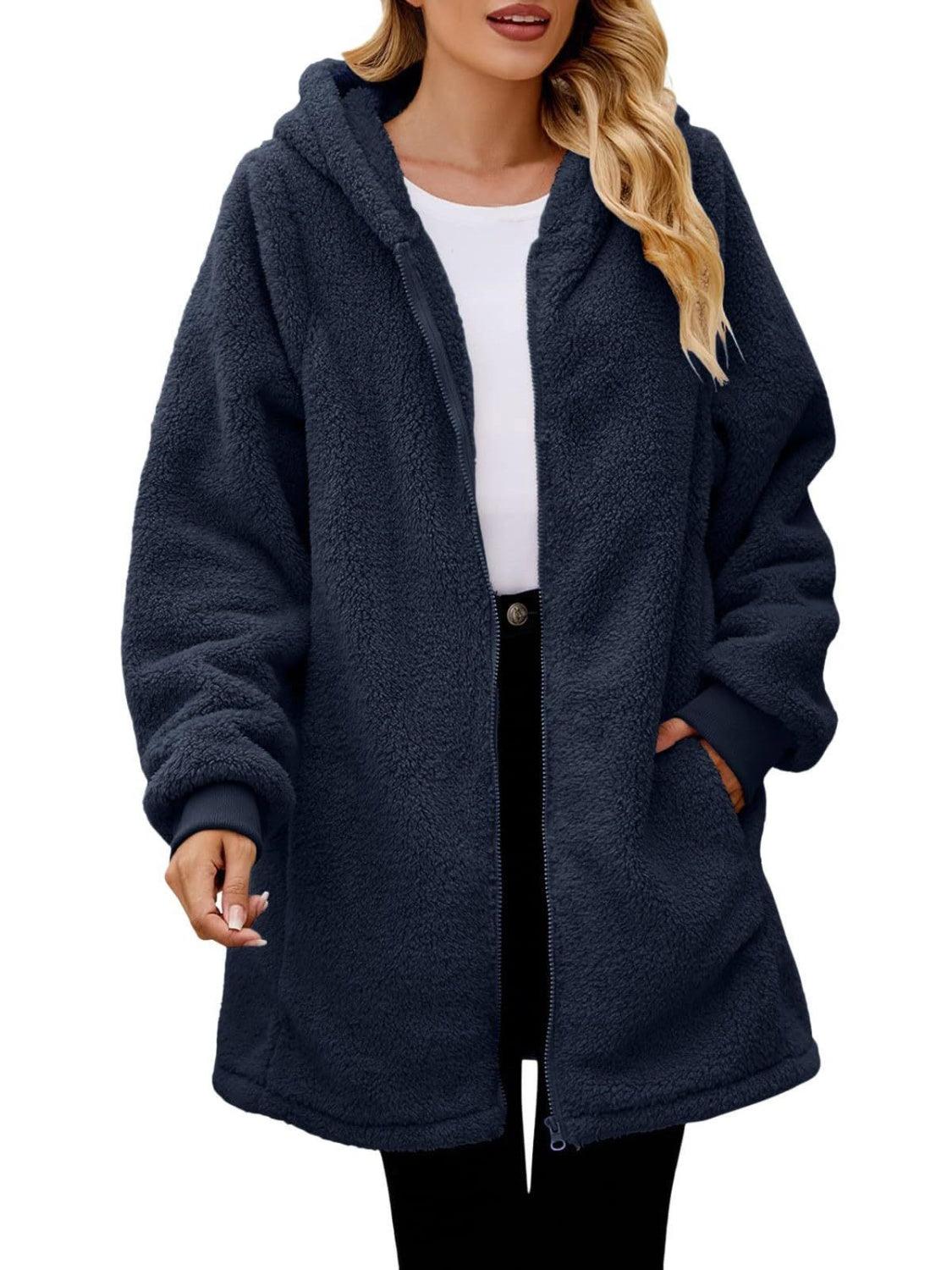 Fuzzy Pocketed Zip Up Long Sleeve Hooded Jacket - PD SECRET REALM