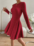 Ribbed Round Neck Long Sleeve Dress - PD SECRET REALM