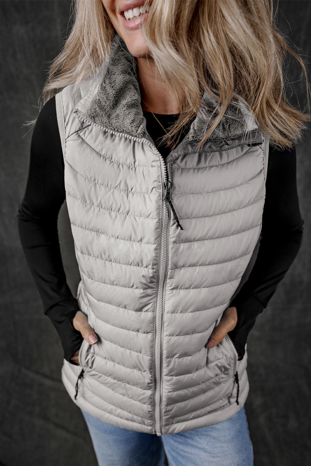 Burgundy Plush Collared Quilted Zipped Puffer Vest