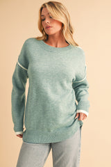 Moonlight Jade Contrast Edge Crewneck Knit Sweater