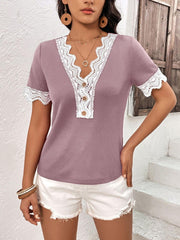 Ivy Lane Decorative Button Spliced Lace Short Sleeve Top