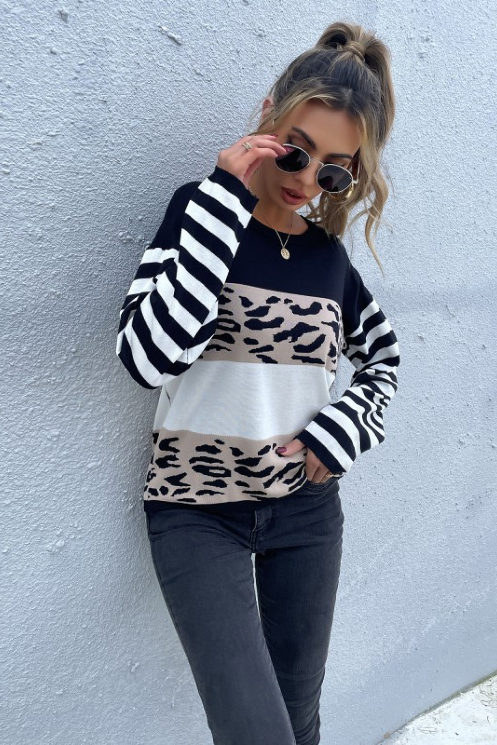 Perfee Mixed Print Color Block Knitted Pullover