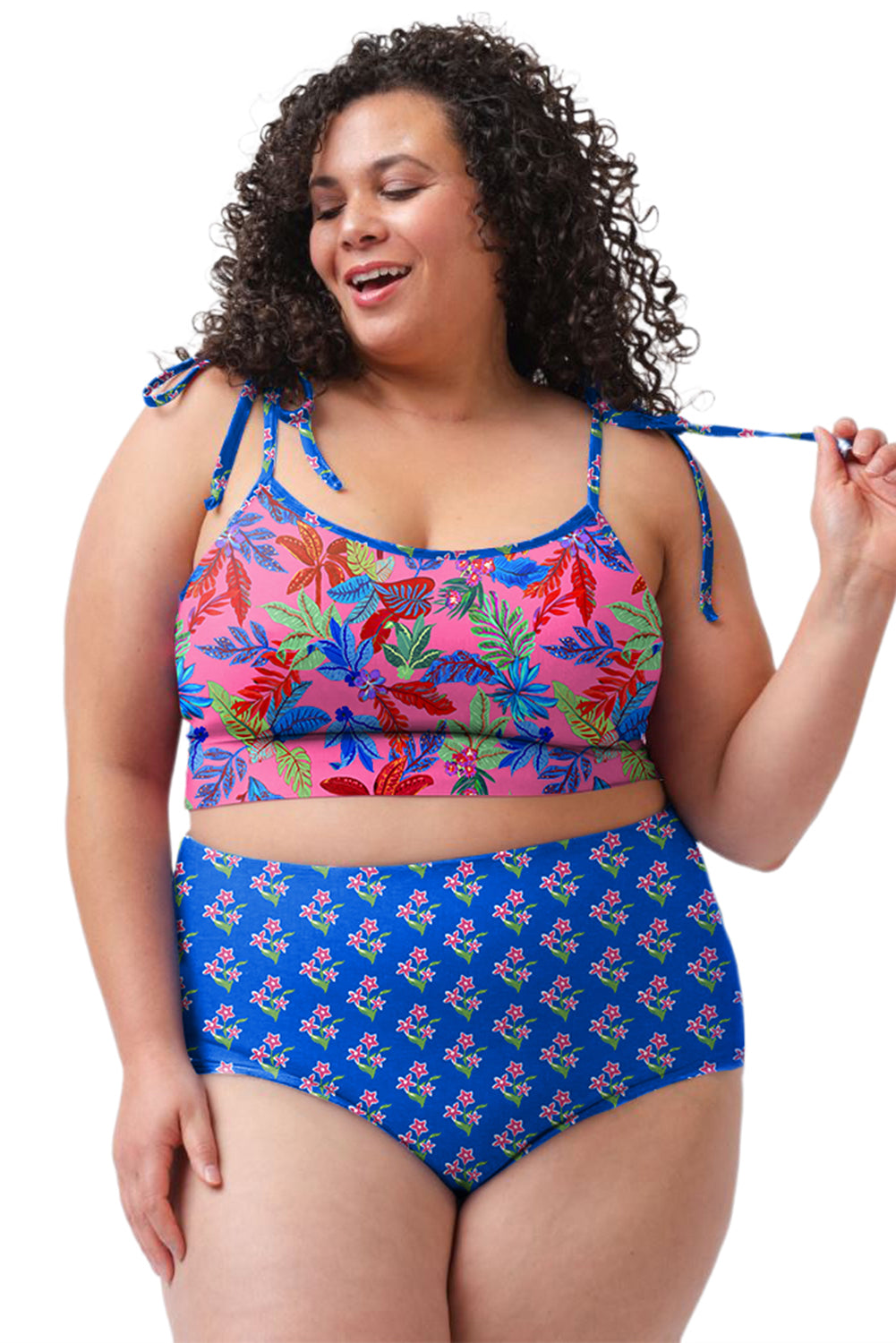 Blue Tropical Print Crop Cami and High Waist Plus Size Bikini Set