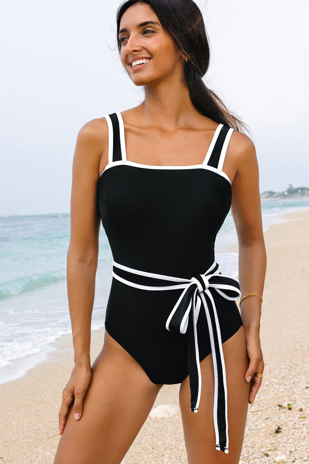 Black Contrast Edge Belted One Piece Swimsuit