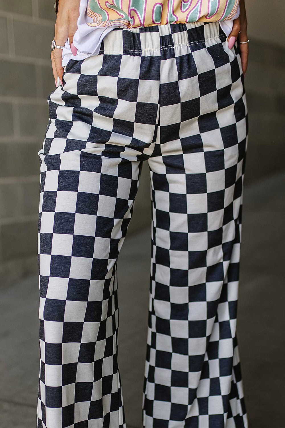 Bonbon Checkered Print High Waist Wide Leg Pants