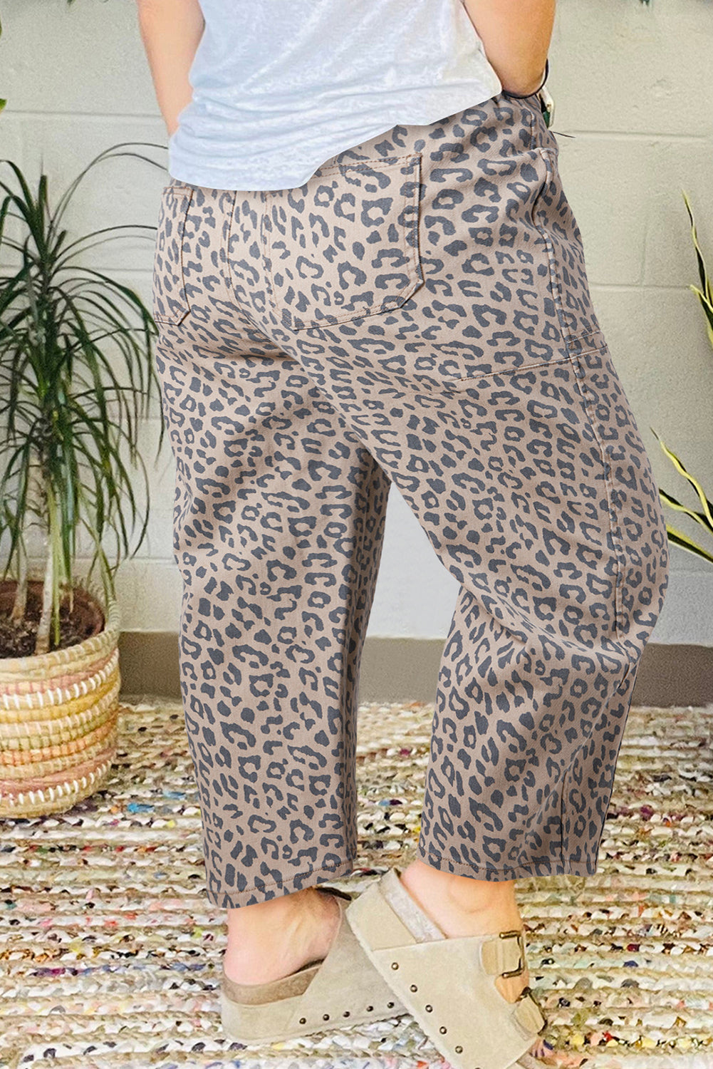 Khaki Leopard Print Drawstring Waist Pocketed Wide Leg Jeans