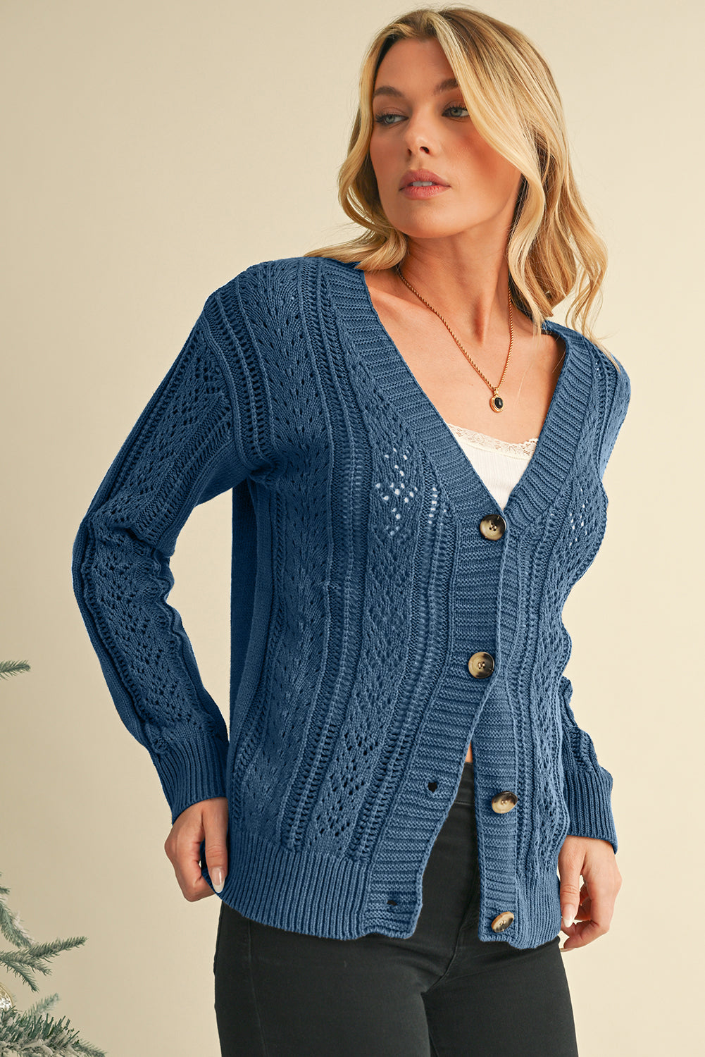 Green Hollow Knit Drop Shoulder Cardigan