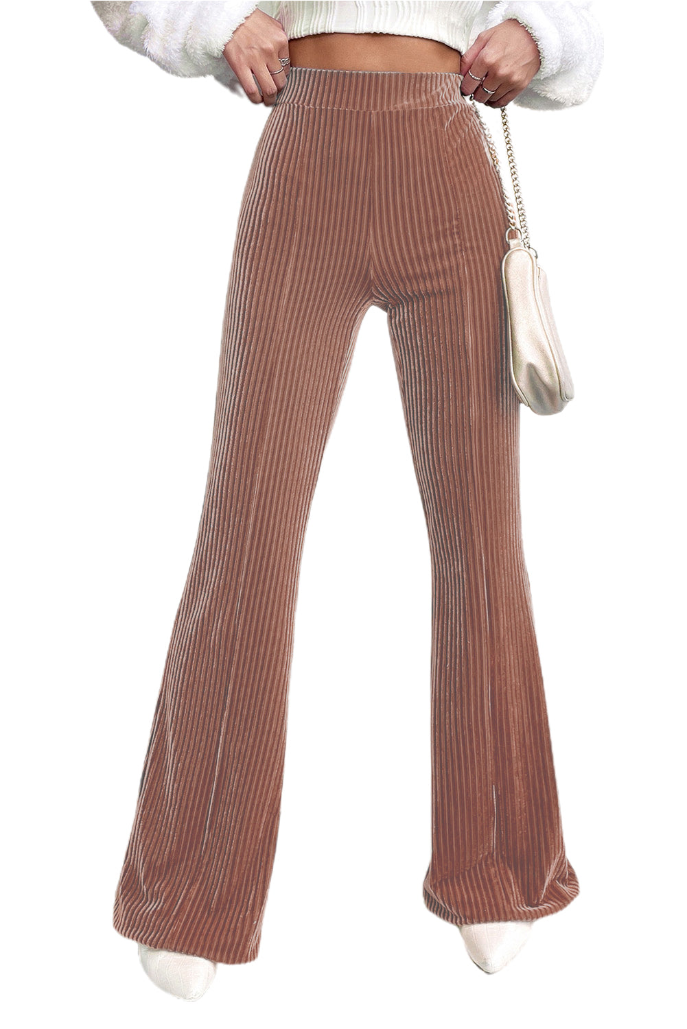 Chestnut Solid Color High Waist Corduroy Flare Pants