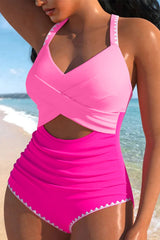 Rose Red Ric Rac Trim Colorblock Cutout One Piece Swimsuit