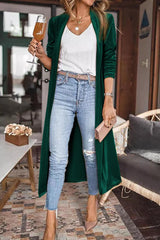 Green Velvet Elegant Pocket Open Front Long Cardigan