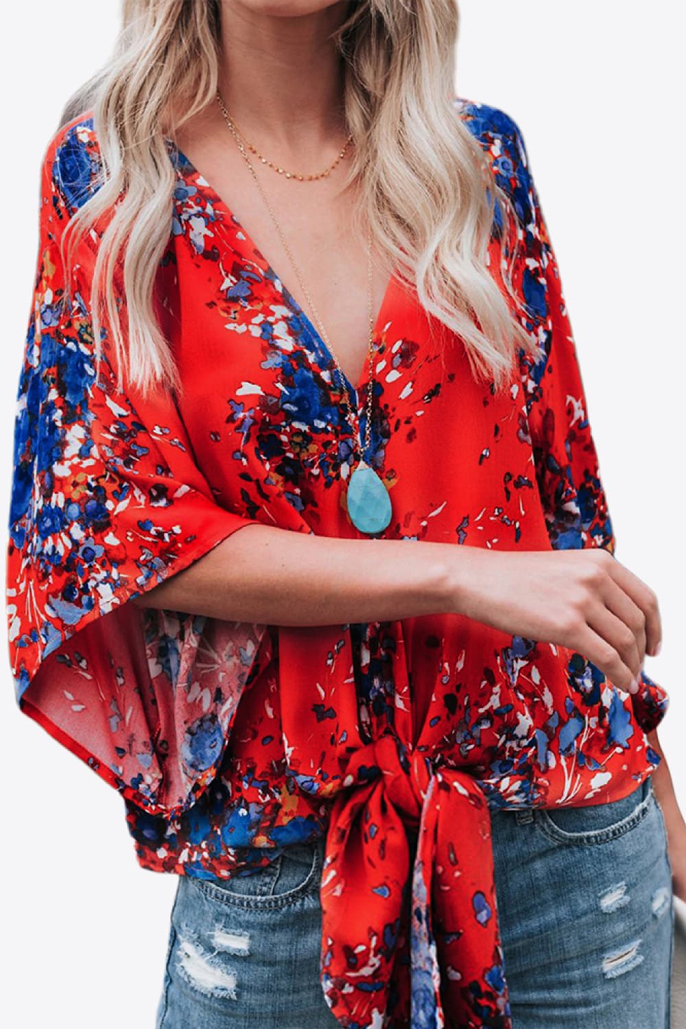 Shiny Printed Deep V Tie Hem Blouse