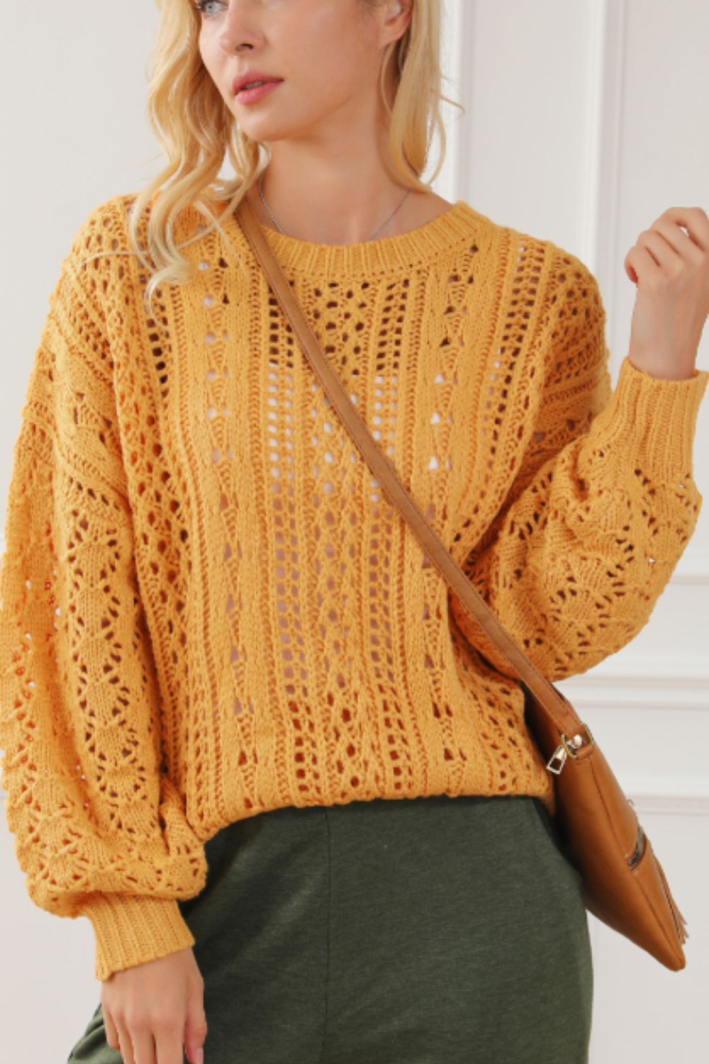 Openwork Round Neck Drop Shoulder Sweater