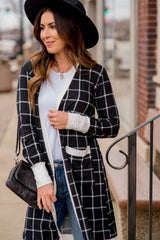 Black Plaid Colorblock Edge Open Cardigan with Pocket