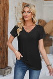 Eyelet V-Neck Lace Short Sleeve T-Shirt - PD SECRET REALM