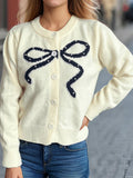 Bow Button Down Round Neck Cardigan - PD SECRET REALM