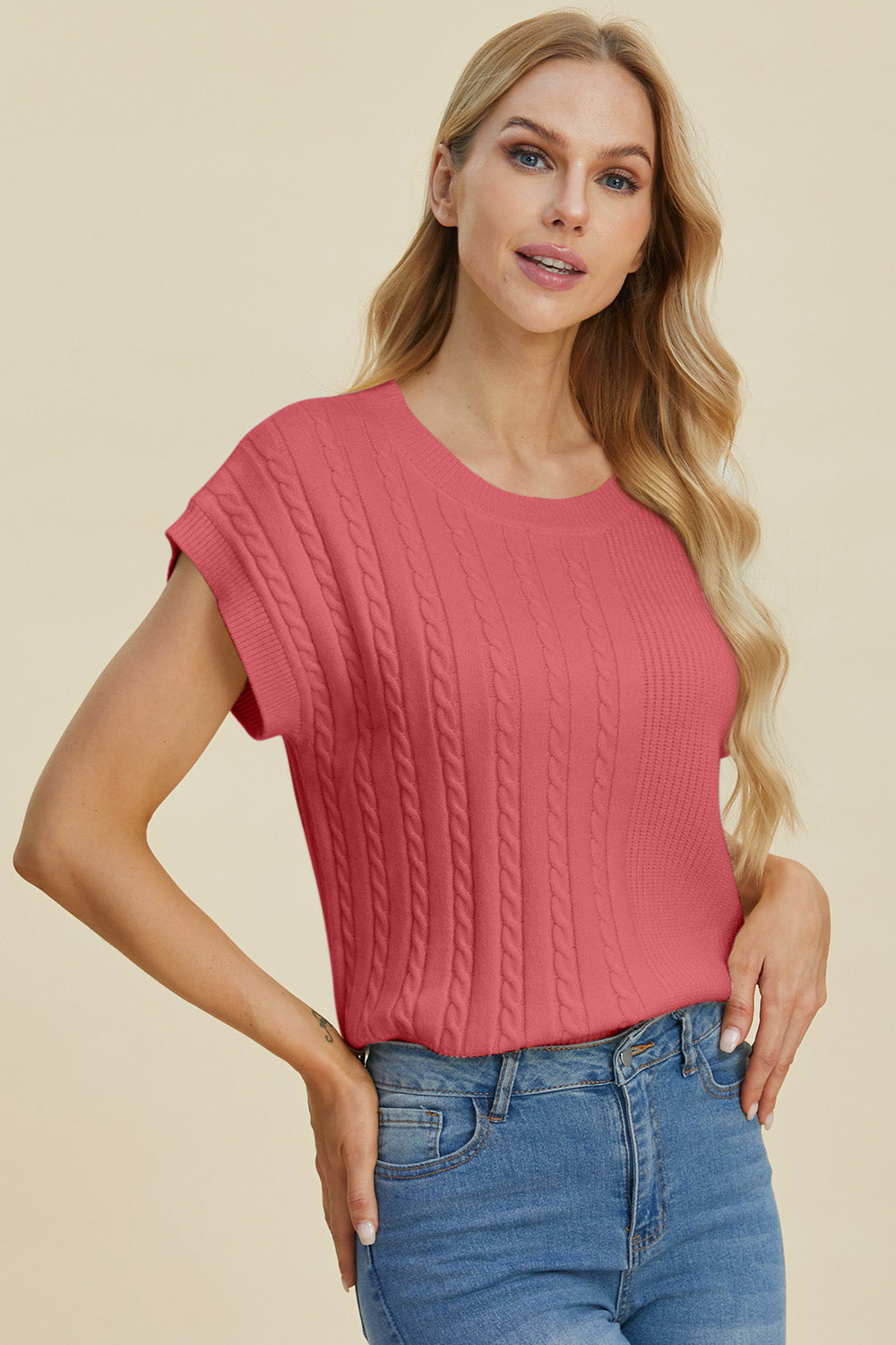 Full Size Cable-Knit Round Neck Short Sleeve Sweater