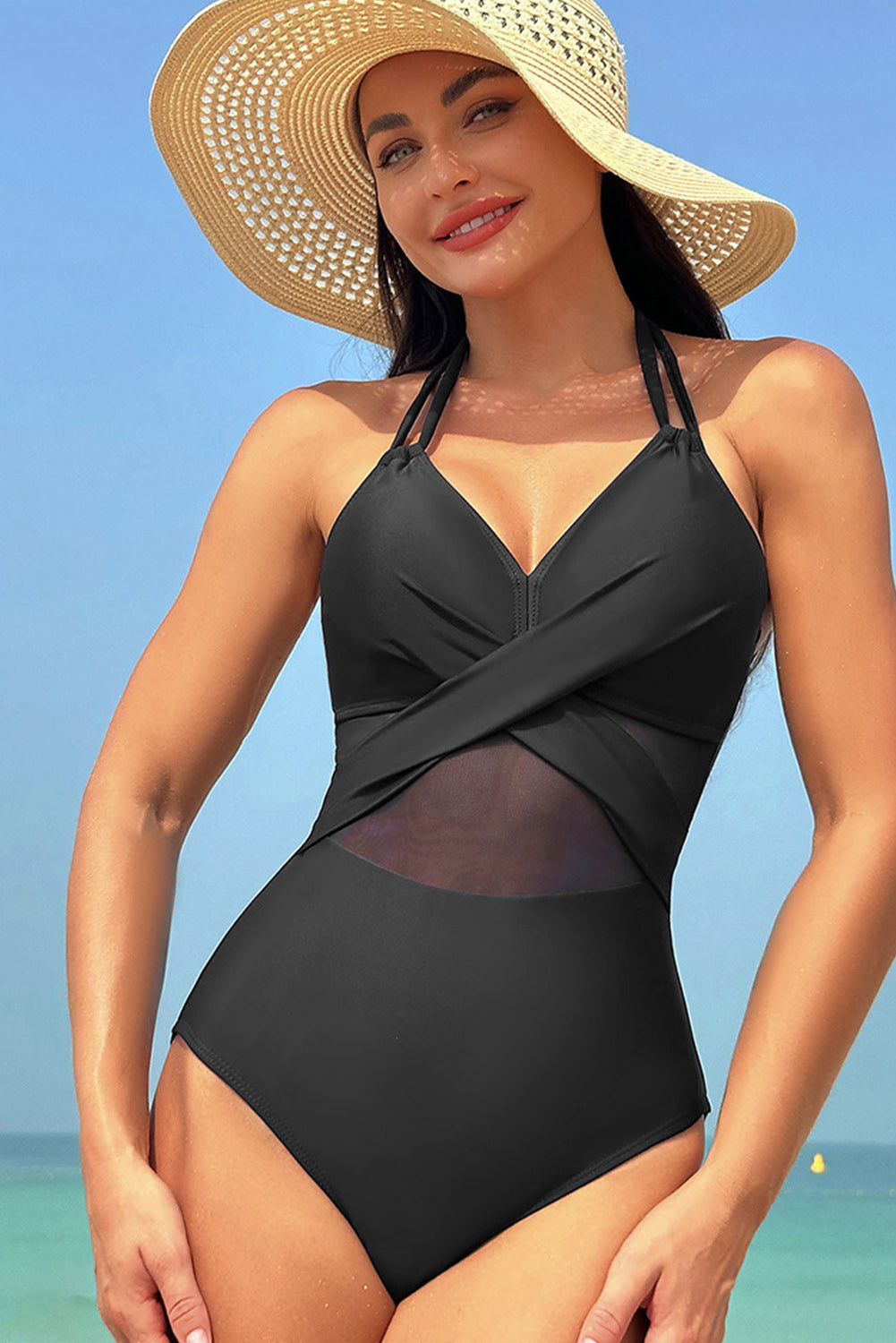 Black Halter Mesh Insert Cross Front One Piece Swimsuit