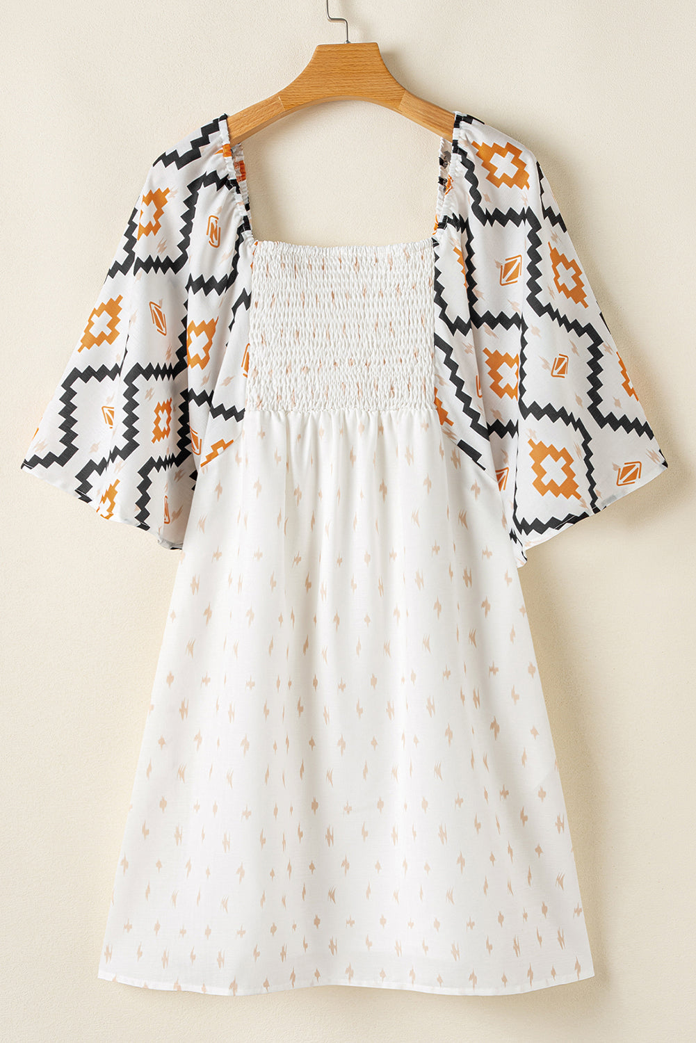 Beige Geometric Print Pleated Square Neck Loose Mini Dress