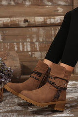 Chestnut Suede Woven Lace-up Strap Side Zip Boots