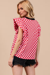 Checkered Round Neck Puff Sleeve Blouse