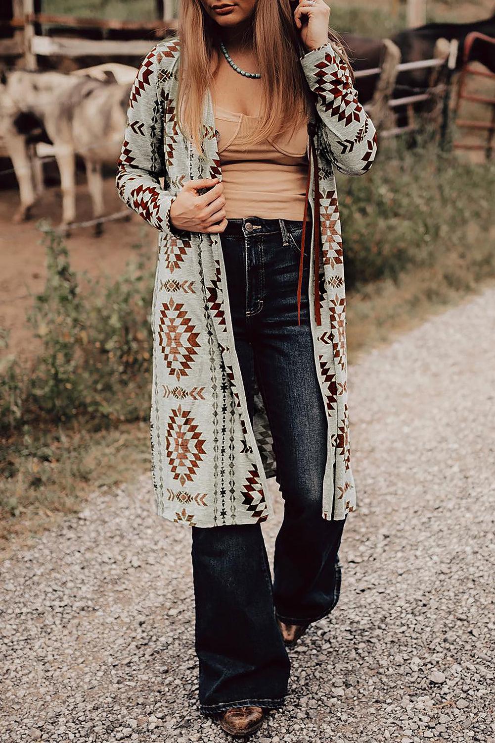 Brown Geometric Printed Open Front Long Cardigan