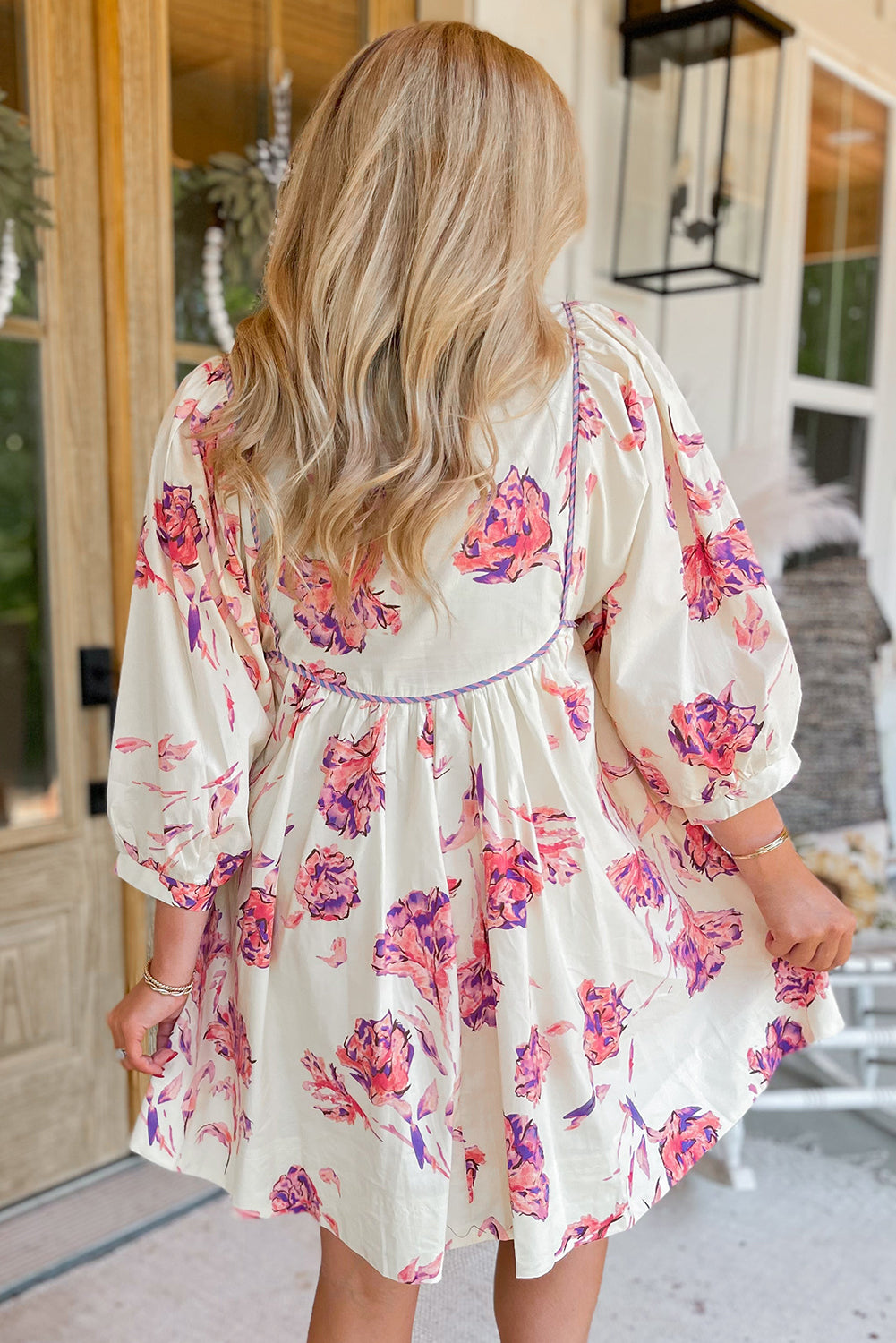 Pink Floral Print Balloon Sleeve V Neck Mini Dress