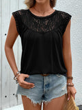 Perfee Lace Round Neck Cap Sleeve T-Shirt