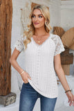 Eyelet V-Neck Lace Short Sleeve T-Shirt - PD SECRET REALM