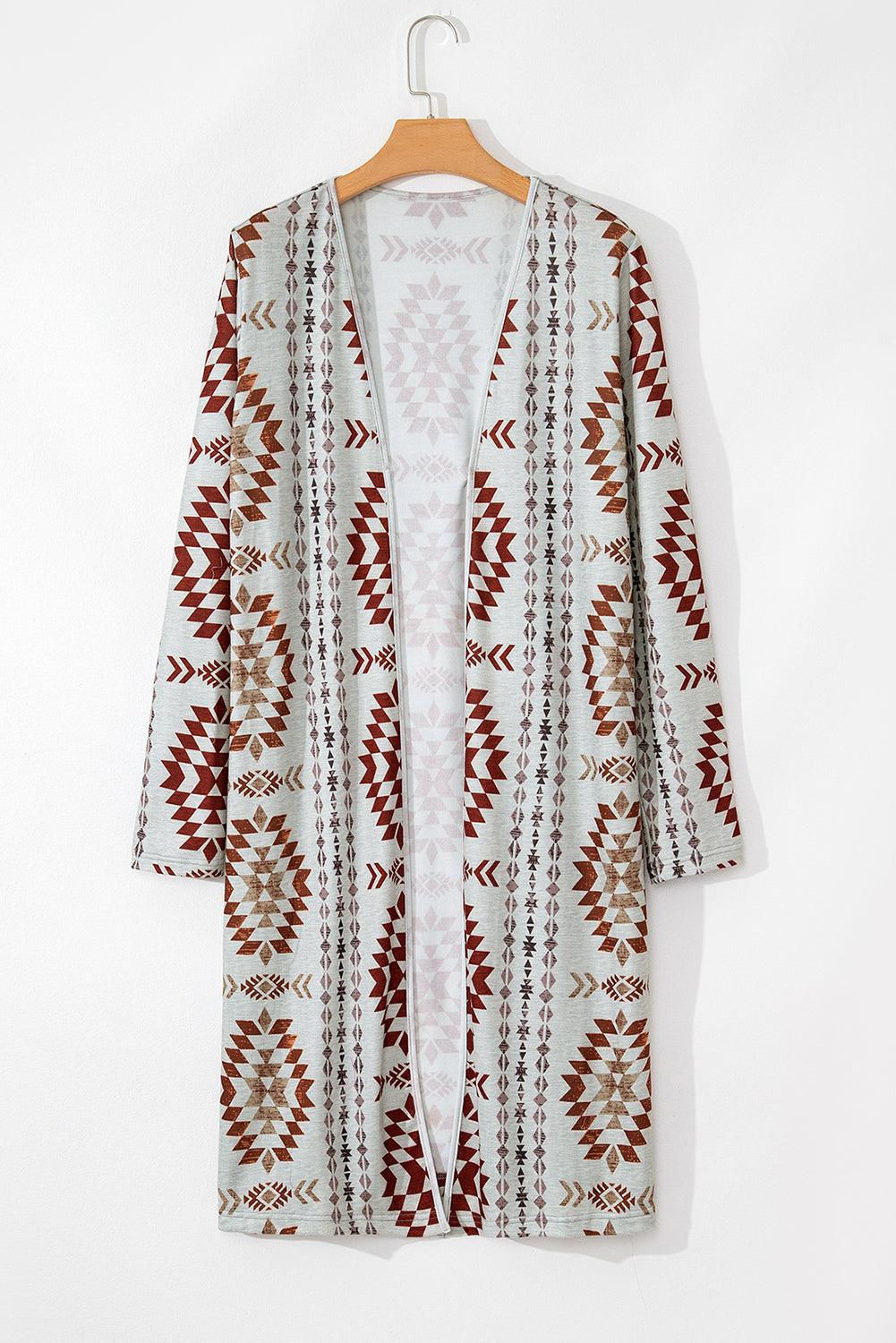 Brown Geometric Printed Open Front Long Cardigan