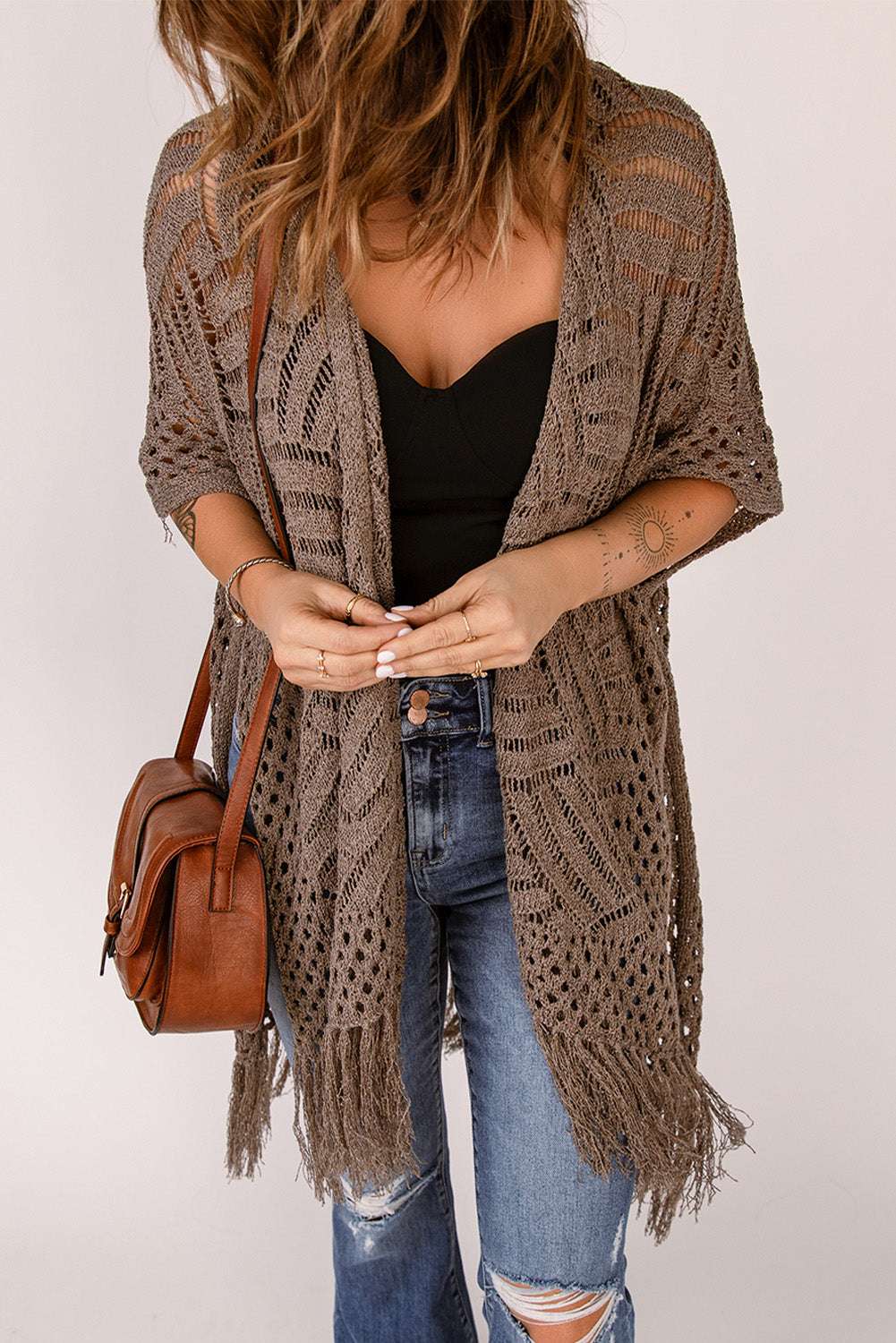 Fringe Hem Slit Open Front Cardigan