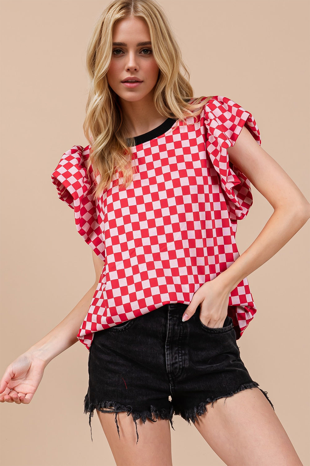 Checkered Round Neck Puff Sleeve Blouse