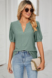 Eyelet Short Puff Sleeve Notched Neck Top - PD SECRET REALM