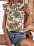 Perfee Printed Butterfly Sleeve Keyhole Blouse - PD SECRET REALM